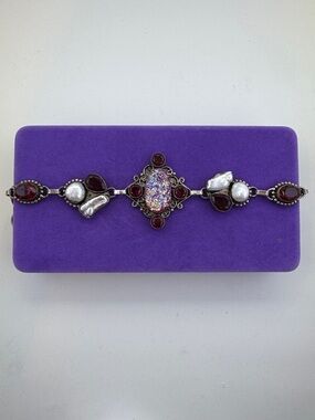 💛 Vintage 925 Artisan Pink Druzy, Garnet & Pearl Bracelet